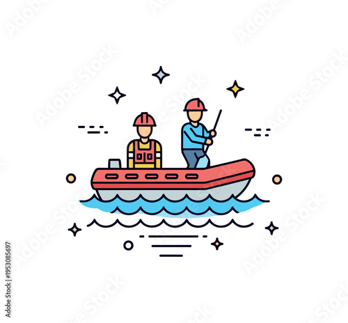 Flood response training scene illustrated by a small rescue boat icon with two responder silhouettes and subtle water wave accents beneath. The