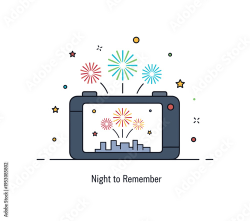 Fireworks celebration photo concept centered on a camera screen displaying colorful burst shapes above a simple skyline. A subtle ?Night to Remember? caption