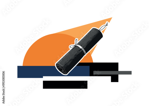 A monochrome rolled-up brush pouch tied with a ribbon, oversized flat semicircle behind suggesting spotlight, geometric rectangles framing the lower