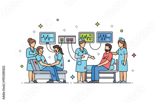Injured people in a hospital emergency room with nurses attending and vital signs on monitors, illustrating attentive medical treatment. Minimalist flat vector