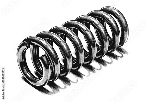 Close-up illustration of a black metal coil spring with a detailed shadow on a white background