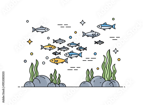 Freshwater fauna with a school of fish swimming around rocks and water plants, showing movement, diversity, and aquatic ecosystem harmony. Minimalist flat
