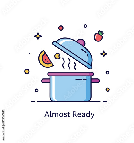 Preparing dinner at home featuring a single pot with a lifted lid releasing steam, symbolizing anticipation and readiness. A neat ?Almost Ready? caption adds
