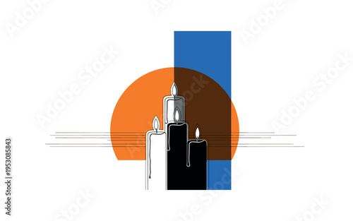 Black and white trio of candles at different heights, large orange semicircle behind them symbolizing warm ambient light, blue vertical stripe dividing light