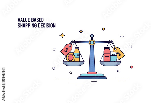Value based shopping decision illustrated by a scale balancing two grocery items with different price tags, symbolizing weighing options for the best outcome.