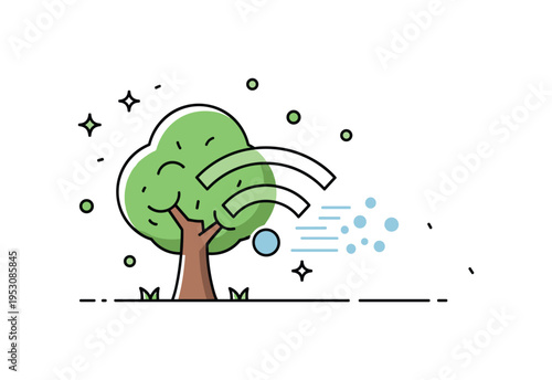 Nature over network choice tree icon overlapping a faint WiFi signal that gradually fades away. A modern editorial illustration about prioritizing real world