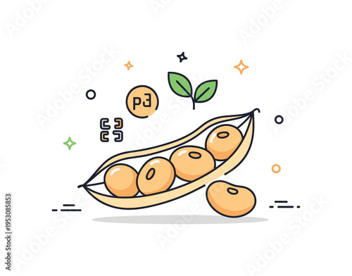 Soybeans shown inside a simple pod with tiny protein and leaf symbols to communicate plant-based alternatives and sustainable nutrition. A clear and optimistic