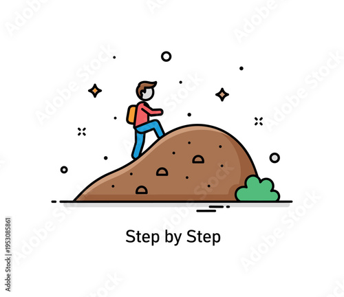 Playground dirt mound illustrated as a simple rounded hill with a child silhouette climbing upward. A short ?Step by Step? label highlights perseverance and
