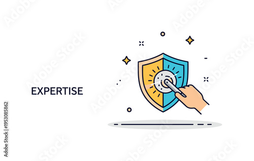 Expertise polishing symbol centered on a shield icon being gently refined with a subtle glow effect, representing strengthened abilities and refined