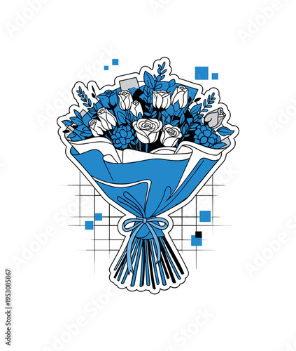 Close-up monochrome bouquet stand with wrapped flowers, surrounded by small blue square accents and thin grid lines referencing arrangement order, white