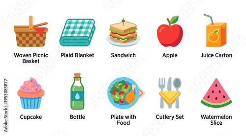 A collection of flat design icons depicting various items for a picnic, including a basket, food, drinks, and utensils, against a white background.
