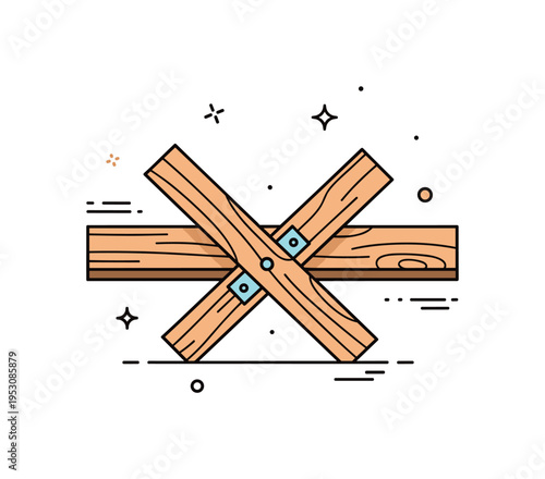 Timber beam detail illustration centered on intersecting wooden supports with visible joint accents, symbolizing craftsmanship and durability. The compact