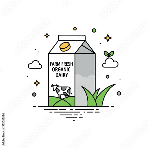 Farm fresh organic dairy illustrated by a milk carton with a small cow silhouette and green pasture accent, expressing ethical farming and natural production.