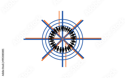 Black and white children and adults represented as simplified silhouettes forming a circle, concentric rings and intersecting linear beams symbolizing unity