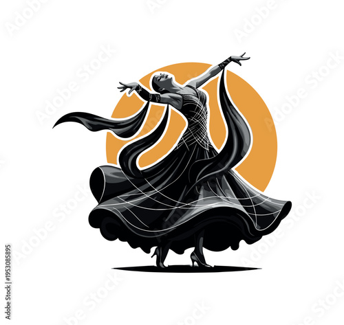 Black and white realistic flowing ballroom gown captured mid-spin, fabric transformed into abstract curved geometric shapes, thin intersecting lines suggesting