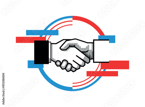 A monochrome handshake composed of two pixelated geometric hands merging in the center, bold circles framing the gesture like a digital portal, abstract color