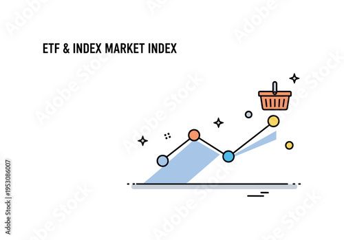 ETF and index investing idea simplified market index line chart with a small basket icon accent. A concise micro scene highlighting broad market exposure and