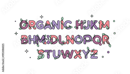 Organic typography trend concept featuring bold rounded lettering intertwined with small vine and leaf accents, expressing the fusion of branding and botanical