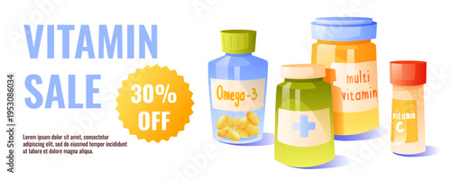 Vitamin Sale Banner with Omega 3 Multivitamin and Vitamin C Bottles