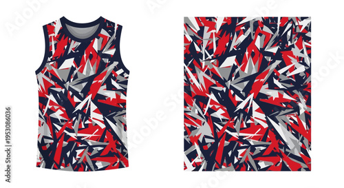 Sleeveless athletic shirt with bold Union Jack inspired abstract pattern in red, white and blue for stylish casual and sportswear.