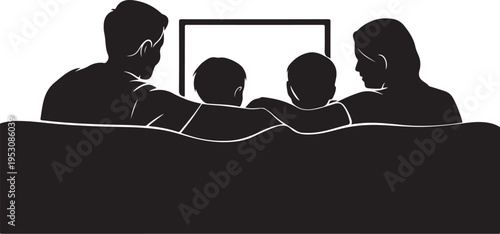 Black silhouette of family watching television together