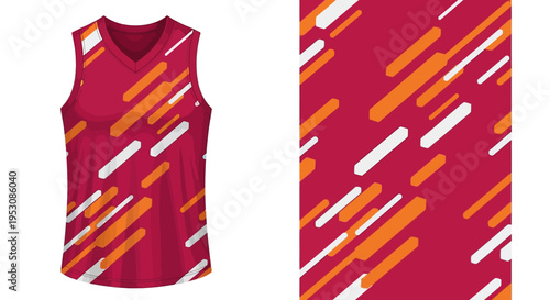 Vibrant sleeveless sports jersey with abstract diagonal stripes pattern.