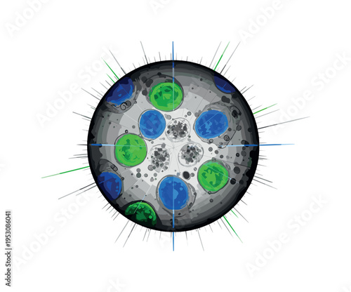 Black and white microscope enlarged with abstract glowing cellular shapes inside the lens view, circular patterns and diagonal lines emphasizing discovery,