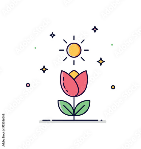 Spring garden awakening showing a central flower opening beneath a small sun icon with gentle ray accents, symbolizing renewal and warm seasonal energy. The