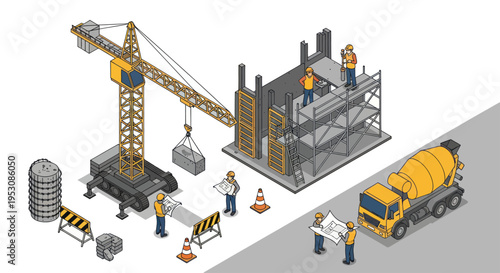 Isometric Construction Site with Workers and Heavy Machinery.