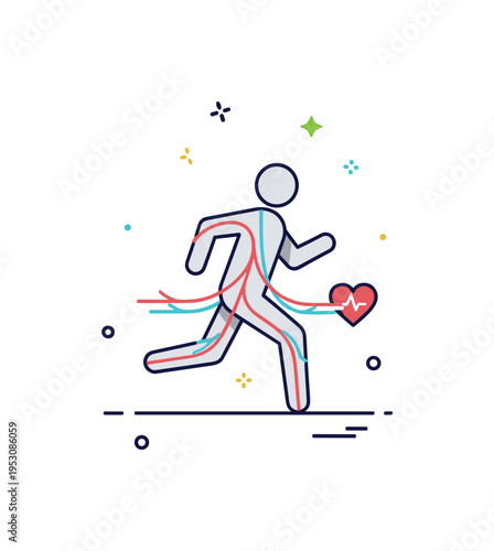 Healthy circulation lifestyle symbol featuring a running figure silhouette integrated with subtle vessel lines and a small heart accent, communicating movement