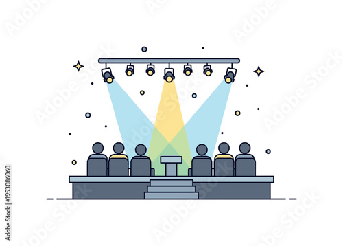 Live audience talk show environment featuring a small stage platform with seating silhouettes and spotlight beams converging at center. The compact scene