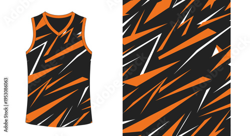 Vibrant orange and black sleeveless sport jersey with bold zigzag geometric pattern for athletic wear and performance.