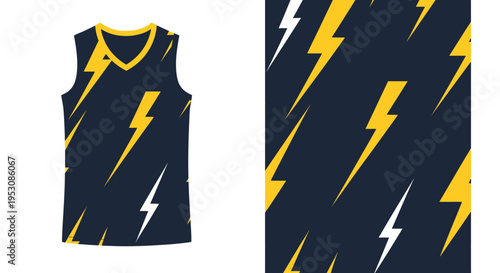 Navy blue sleeveless jersey with bright yellow lightning bolts pattern for athletic wear.