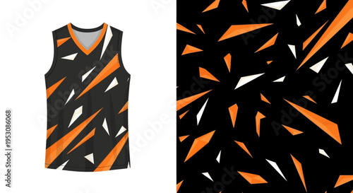 Stylized black and orange geometric jersey design for athletic wear and sports fashion.