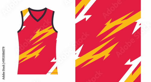 Bright red sports jersey with bold yellow zigzag pattern front and back.