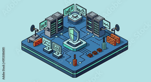 Isometric Cybersecurity Network with Shield and Servers.