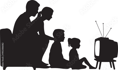 Black silhouette of family watching television together