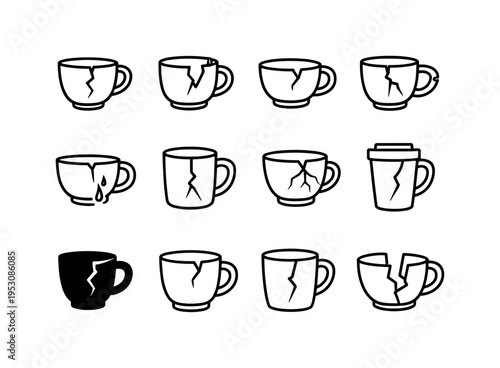 Cracked Cup. Line icon set of Cracked Cup: cracked ceramic cup, broken coffee mug, chipped teacup, cracked handle cup, leaking cup, damaged mug, fractured