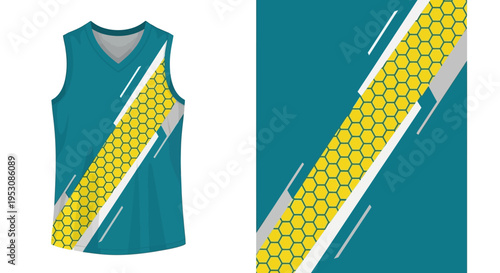 Teal athletic jersey with yellow diagonal stripe design for sports team uniforms.