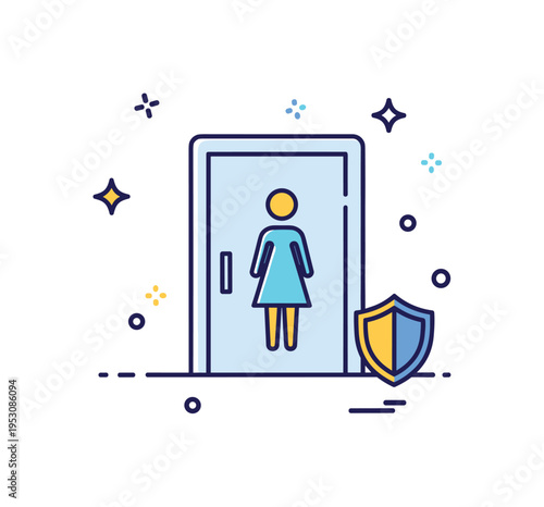 Hygienic public facility design illustrated by a simplified restroom door sign paired with a subtle sparkle and shield symbol, emphasizing