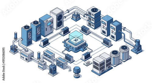 Isometric Data Center Network Infrastructure with Servers and Connections.