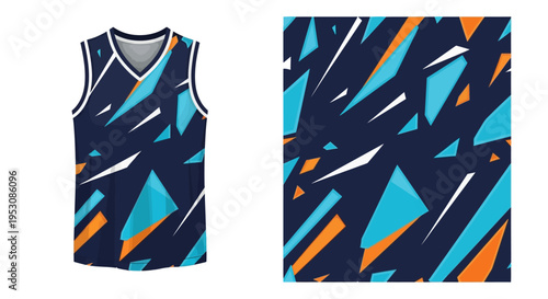 Abstract geometric pattern basketball jerseys with sleeveless design in blue navy teal and orange.