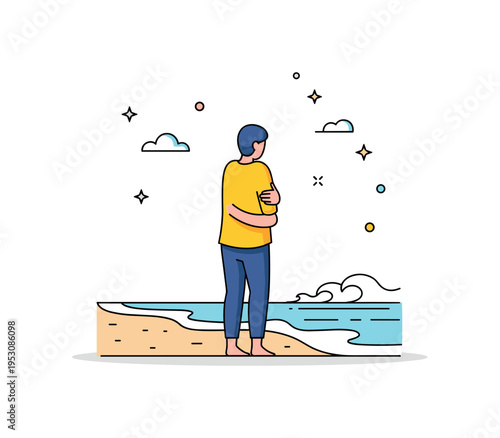 Person standing on a quiet beach in a reflective pose, arms wrapped around themselves, watching gentle waves, evoking contemplation and peace. Minimalist flat