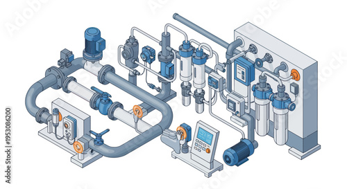 Isometric diagram of industrial water treatment and purification system.