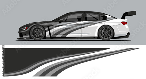 Sleek sports car profile with dynamic graphic stripes and modern design elements.