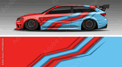 High speed race car with bold blue red abstract livery and spoiler on track.