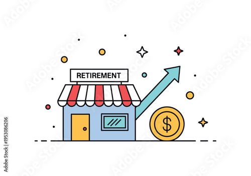 Financial independence in retirement business depicted through a small shop icon paired with a subtle upward arrow and coin symbol, emphasizing steady income