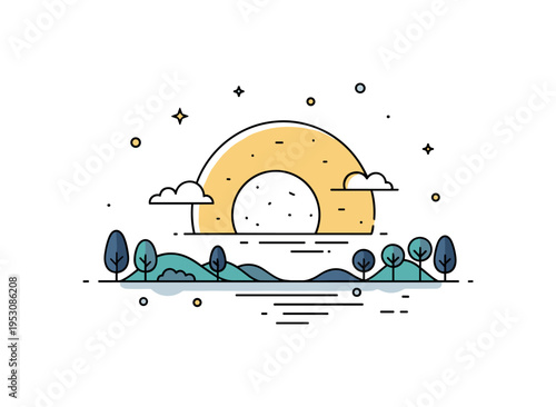 Moon rising over a quiet landscape with small hills and silhouettes of trees, casting gentle reflections and creating a serene nocturnal scene. Minimalist flat