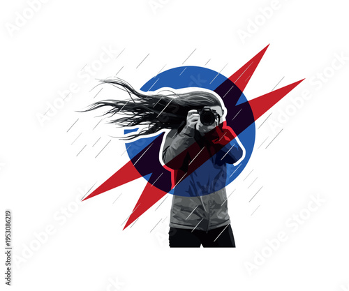 Black and white storm scene with photographer bracing against wind, vibrant cobalt blue circle intersecting the torso, deep red angular lightning-like shapes