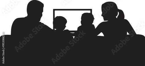 Black silhouette of family watching television white background